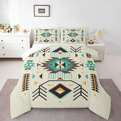 Southwest Comforter Set Twin Size,Rustic Tribal Aztec Style Quilt Set Abstract Art Vintage Western Bedding Set 2pcs for Women Adults Teens Kids Home Decor Green Brown Arrow Duvet Insert,1 Pillowcase