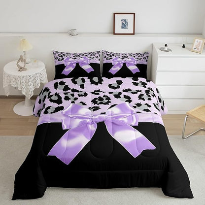 jejeloiu Purple Silk Bowknot Duvet Cover Toddle Size Grey Leopard Bedding Set for Kids Girls Women Black Purple Comforter Cover Set Sweet Romantic Bedspread Cover 2Pcs