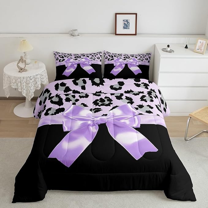 jejeloiu Purple Silk Bowknot Duvet Cover Twin Size Grey Leopard Bedding Set for Kids Girls Women Black Purple Comforter Cover Set Sweet Romantic Bedspread Cover 2Pcs