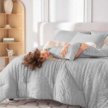 MUXHOMO 7 Pieces King Comforter Set, Seersucker Bed in a Bag King Size, All Season Luxury Bedding Set with Comforter, Flat Sheet, Fitted Sheet, Pillowcases & Shams, Light Grey