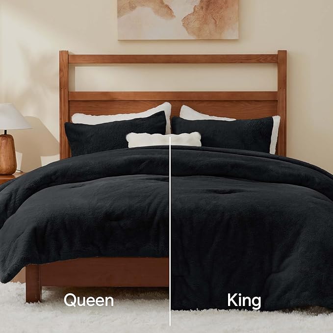 BEDELITE Faux Fur Fleece Twin Comforter Set - Fluffy & Warm Black Comforter Twin Size，Ultra Soft and Cozy Winter Bedding Set,Fuzzy Thick Bed Set,1 Comforter and 1 Pillowcase