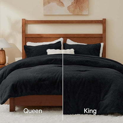 BEDELITE Faux Fur Fleece King Comforter Set - Fluffy & Warm Black Comforter King Size，Ultra Soft and Cozy Winter Bedding Set,Fuzzy Thick Bed Set,1 Comforter and 2 Pillowcases