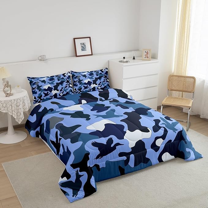 Erosebridal Camo Comforter Set Toddler Size Duck Hunter Bedding for Kids Boys Men Army Camouflage Hunting Bedding Comforter Sets Vintage Blue Black Room Decor Wild Animal Duck Rustic Duvet Insert