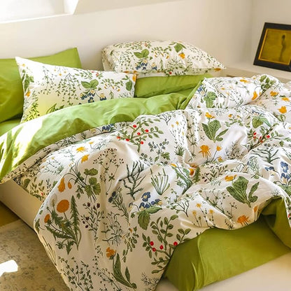 CLOTHKNOW Green White Floral Queen Comforter Set 3Pcs Boho Bedding Comforter Sets All Season Farmhouse Comforter Botanical Comforter with 2 x Pillow Cases