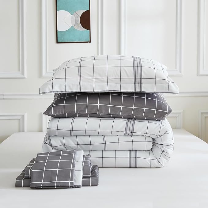 EMME King Comforter Set-7 Pieces Bed in a Bag Plaid Bedding Sets with Black White Comforter,Sheets, Pillowcases and Shams,Soft Microfiber Down Alternative for All Season