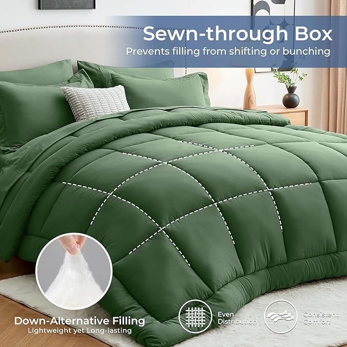 Sasttie King Size Comforter Set, 7 Pieces Bed in a Bag King, Complete Bedding Set Includes Comforter, Flat Sheet, Fitted Sheet, Pillowcases and Pillow Shams, Dark Green