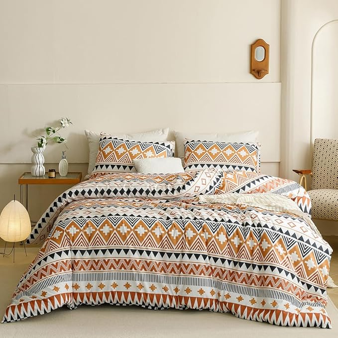 CLOTHKNOW Brown Aztec Queen Comforter Set 3Pcs Boho Bedding Comforter Sets Southwestern Comforter Queen Botanical Comforter with 2 x Pillow Cases
