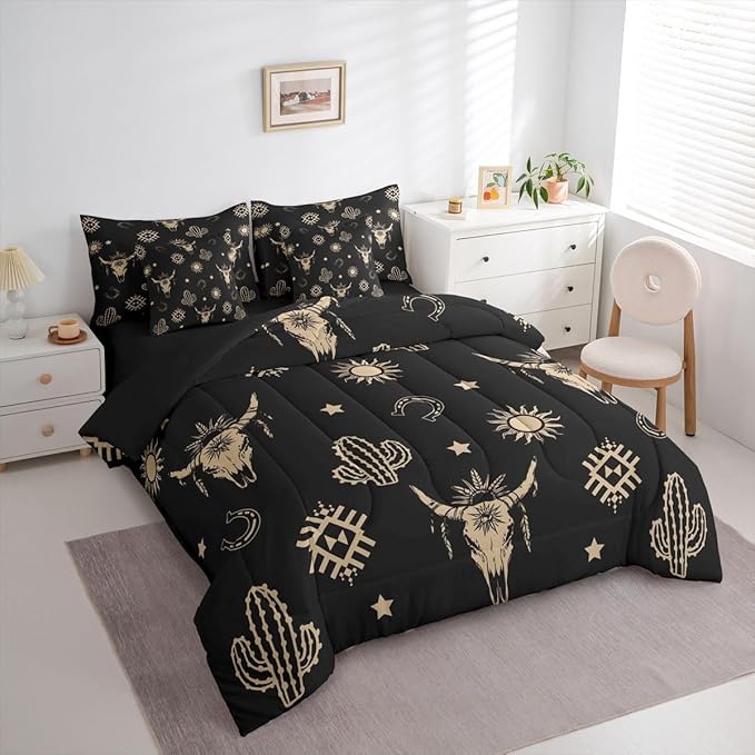 Erosebridal Western Bull Skull Bed in A Bag 7 Pcs Exotic Boho Cow Skull Comforter Set for Kids Boys Girls Black Brown Ethnic Horns Bedding Sets Full Tropical Western Cactus Sheet Set with Comforter