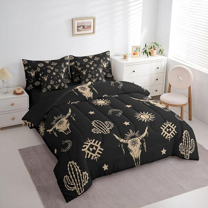 Erosebridal Western Bull Skull Bed in A Bag 7 Pcs Exotic Boho Cow Skull Comforter Set for Women Men Black Brown Ethnic Horns Bedding Sets King Tropical Western Cactus Sheet Set with Comforter