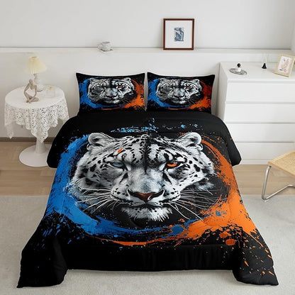 Manfei Tiger Comforter Set for Kids Adults,Jungle Wildlife 3D Animals Bedding Comforter Sets Full,Watercolor Blue Orange Taekwondo Graffiti Quilt Comforter with 2 Pillowcases