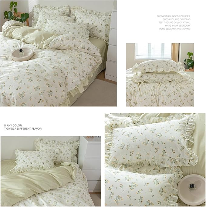 HighBuy Green Floral Comforter Set Twin XL Lace Ruffles Reversible Stripes Comforter Fluffy with 2 Pillow Shams Toddler Girls Boho Romantic Lace Coquette Bedding Set