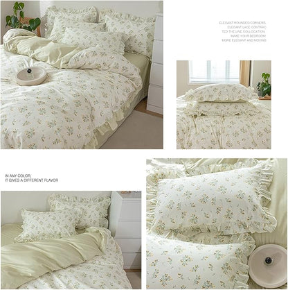 HighBuy Garden Flower Comforter Set Full Green Floral Bedding Comforter Set Stripes Farmhouse Bedding Set 1 Lace Ruffle Comforter and 2 Lace Pillowcases Romantic Comforter Sets for Girls Women