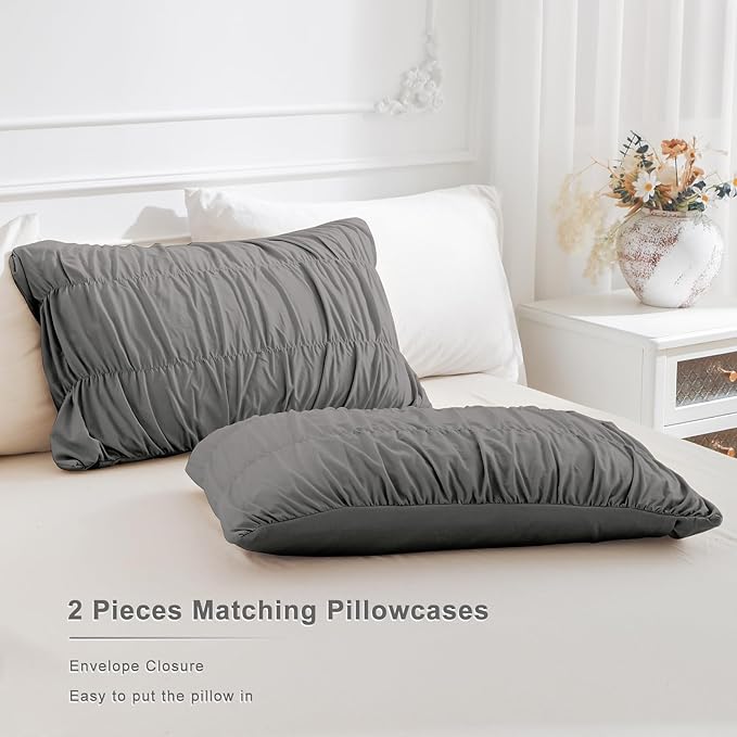 Masaca Grey Queen Comforter Set(90"x95"),Ruched Shabby Boho Chic Bedding Comforter Set,Vintage Gray Textured Ruffle Comforter for Queen Bed Fluffy Aesthetic Farmhouse Bedding 3 Pieces