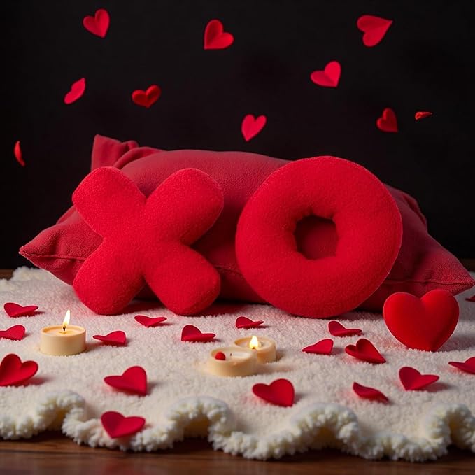 XO Pillow Plush, Pink Throw Pillows Valentine's Day Decorative Hugs and Kisses, Cute Pillows Romantic Home Décor for Sofa, Bedroom, Living Room 12.5x12.5 Inch Set of 2