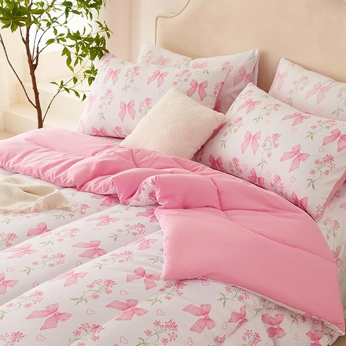 Pink Bow Comforter Set Twin 2Pcs Pink Floral Bedding Set for Girls Kids Romantic Princess Style Bowknot Bedding Ultra Soft Reversible Garden Flower Comforter Sets with 1 Pillowcase