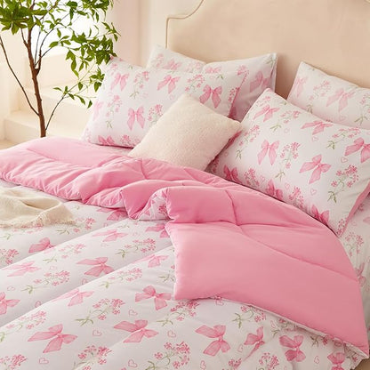 Pink Bow Comforter Set Twin 2Pcs Pink Floral Bedding Set for Girls Kids Romantic Princess Style Bowknot Bedding Ultra Soft Reversible Garden Flower Comforter Sets with 1 Pillowcase