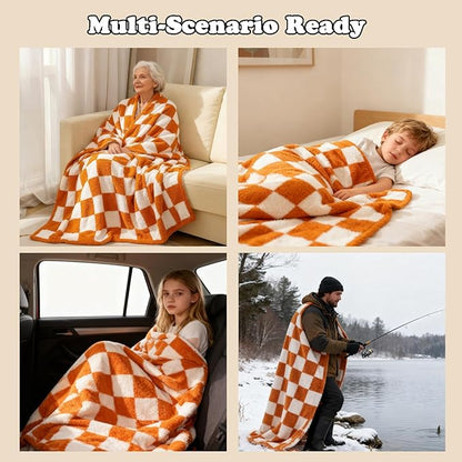 MorroMorn Checkered Blanket for Couch Bed, Orange Throw Blanket 2-Layers Soft Cozy Fleece Plaid Blankets Checkerboard Grid - Fluffy Fuzzy Plush Warm Fall Decor Mothers Birthday Gifts, 60x80 inches