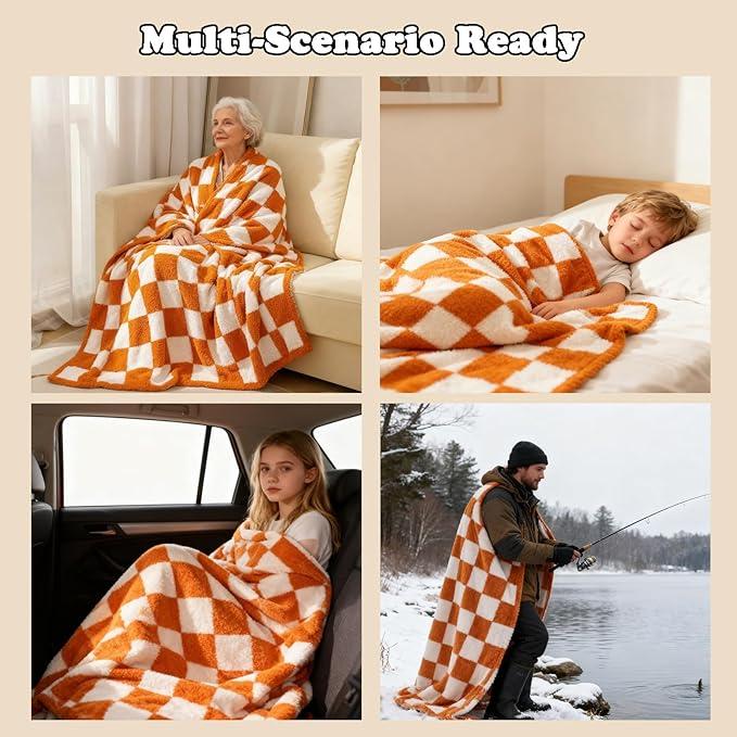 MorroMorn Checkered Throw Blanket for Couch, Orange Throw Blanket 2-Layers Soft Cozy Fleece Plaid Blankets Checkerboard Grid - Fluffy Fuzzy Plush Warm for Sofa Chair Bed Decor Gifts, 50x60 inches