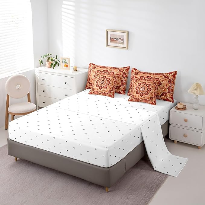 Peony Oriental Medallion Bed in a Bag Art Deco Floral King Bedding Sets, Vintage Paisley Comforter Set Hippie Flower Bedding Comforter Sets 7 Pieces, Retro Rustic Farmhouse Bedding Sets & Collections