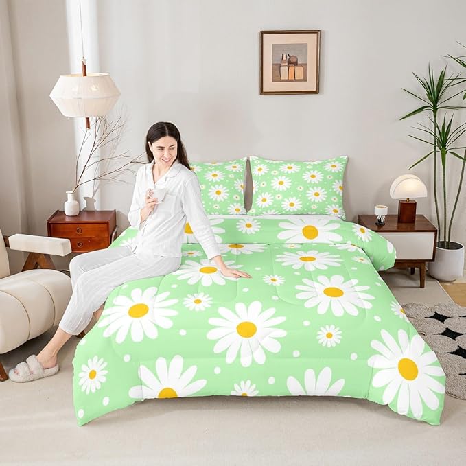 Erosebridal Girls King Bedding Set Green Daisy Floral Comforter Set for Kids Teen Adults,Cute Cartoon Flower Comforter Rustic Floral Daisy Duvet Insert for Bedroom All Season
