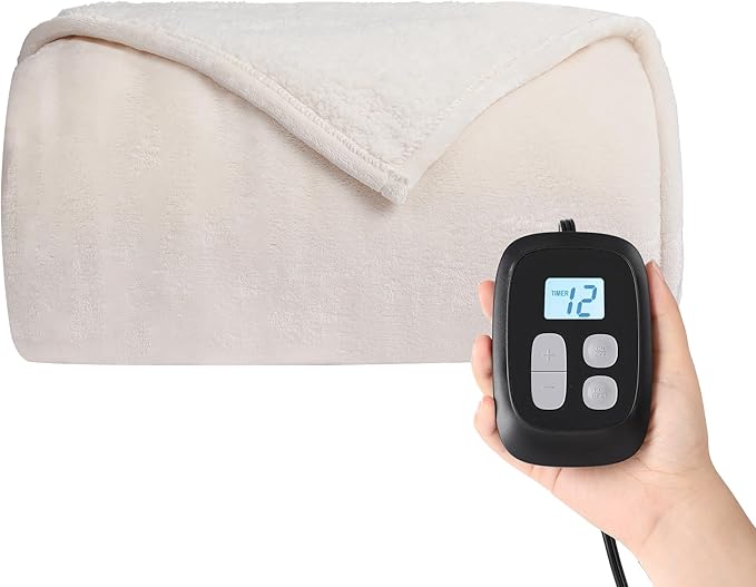 Heated Blanket Electric Blanket Queen Size 84''x90'' with 10 Heating Levels, 1-12 Hour Auto Shut Off, Machine Washable, Dual Controller Soft Warming Blanket for Couch, Bed, Office - White