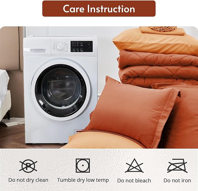 MUXHOMO 7 Pieces Queen Comforter Set, Reversible Bed in a Bag Queen Size, All Season Bedding Set with Comforter, Flat Sheet, Fitted Sheet, Pillowcases & Shams, Burnt Orange & Camel
