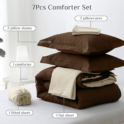 JOLLYVOGUE Queen Comforter Set, Ultra-Soft Bed in a Bag Queen Size 7 Pieces, Oeko-TEX Certified Bedding Set with Down Alternative Comforter, Sheets, Pillowcases & Shams, Brown & Beige