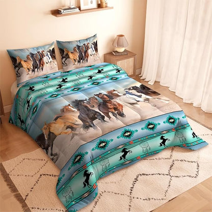 Horse Comforter Set, Green Brown 3D Pattern for Kids Teens Adults,Decorative Bedding Comforter Sets with 2 Pillow Shams, King Size