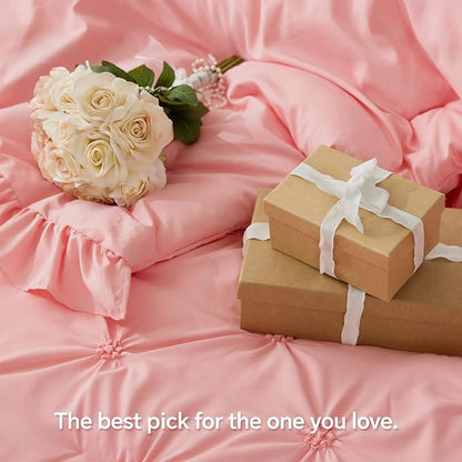 BEDELITE Pink Twin Comforter Set - 2 Peices Boho Ruffle Pintuck Bedding Comforter Sets, Lightweight Soft & Warm Twin Bedding Sets with 1 Pillowcase for All Season