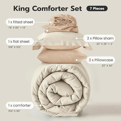 JOIEDOMI King Size Comforter Set with Sheets Beige, 7 Pieces King Bedding Set with 1 Down Alternative Comforter, 1 Flat Sheet, 1 Fitted Sheet, 2 Pillowcases and 2 Pillow Shams Bed in a Bag All Seasons