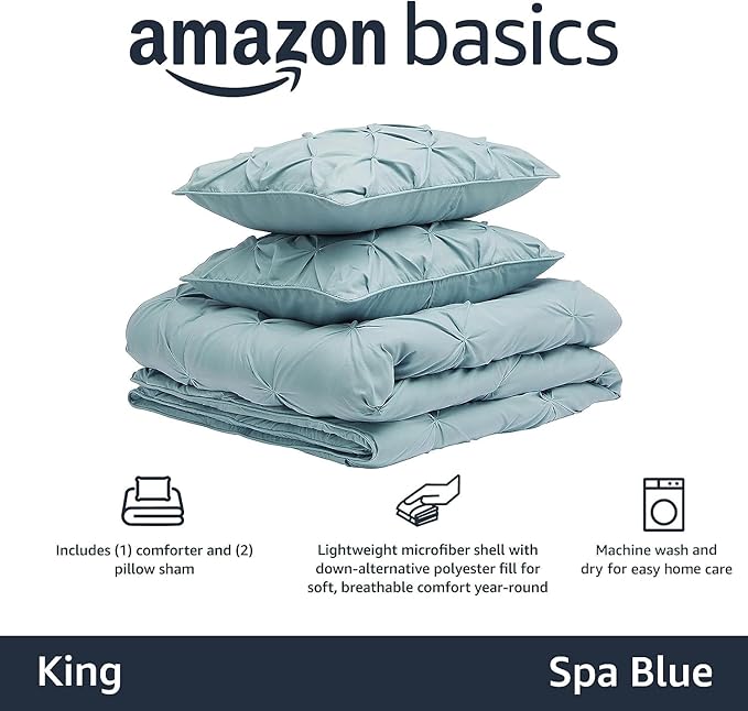 Amazon Basics Lightweight, Soft King Size Comforter Set, All-Season Down-Alternative 3-Piece Bedding, Pinch Pleat Design with Piped Edges, Spa Blue