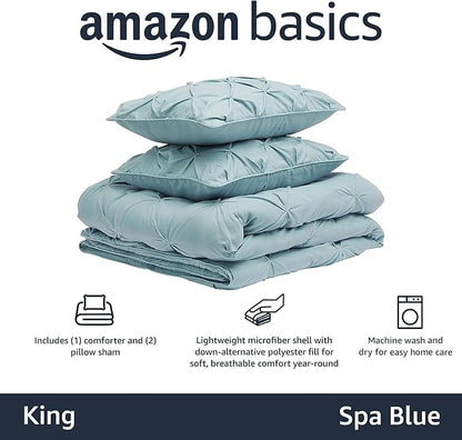 Amazon Basics Lightweight, Soft King Size Comforter Set, All-Season Down-Alternative 3-Piece Bedding, Pinch Pleat Design with Piped Edges, Spa Blue