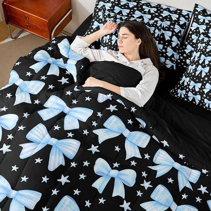 Erosebridal Bow Girls Black Blue Cute Comforter Set Queen Size 7 Pieces | Dreamy Y2K Bed in A Bag Bowknot Kawaii Bed Set Starry Princess Bedding