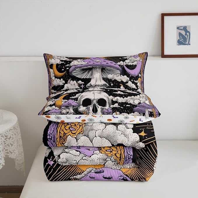 Erosebridal Boys Gothic Halloween Comforter Set Toddler, Horror Skull Bedding Set Spooky Halloween Decor Comforter for Kids Teens Adults Gothic Bedroom Decor, Moon and Stars Mushroom Quilt 2 Piece