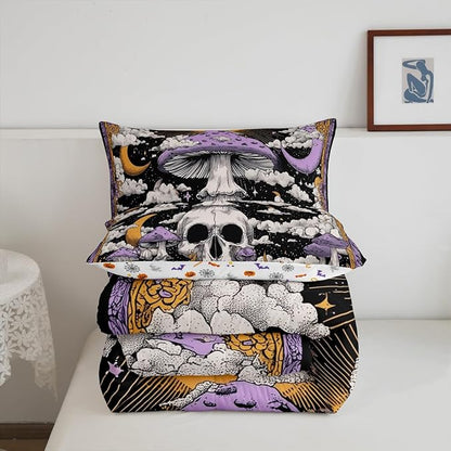 Erosebridal Boys Gothic Halloween Full Comforter Set, Horror Skull Bedding Set Spooky Halloween Decor Comforter for Kids Teens Adults Gothic Bedroom Decor, Moon and Stars Mushroom Quilt 3 Piece
