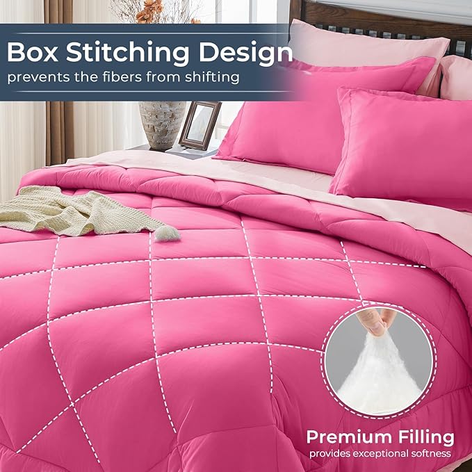 HEVUMYI Hot Pink & Baby Pink Twin Comforter Set - 5-Piece All Season Bed in a Bag Twin, Ultra Soft Bedding Set with Comforter, Flat Sheet, Fitted Sheet, Pillowcases, Pillow Shams