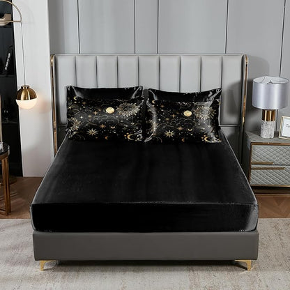 Sun and Moon Comforter Set Gray Satin Bedding Queen Stars Cloud Galaxy Comforter Mysterious Celestial Theme Silk Like Silky Bed in A Bag with Comforter and Sheets