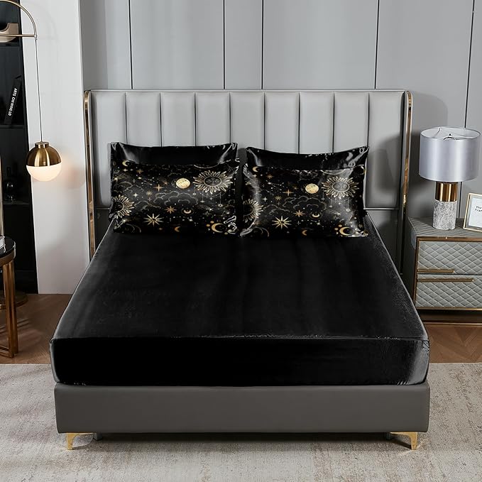 Sun and Moon Comforter Set Gray Satin Bedding King Stars Cloud Galaxy Comforter Mysterious Celestial Theme Silk Like Silky Bed in A Bag with Comforter and Sheets