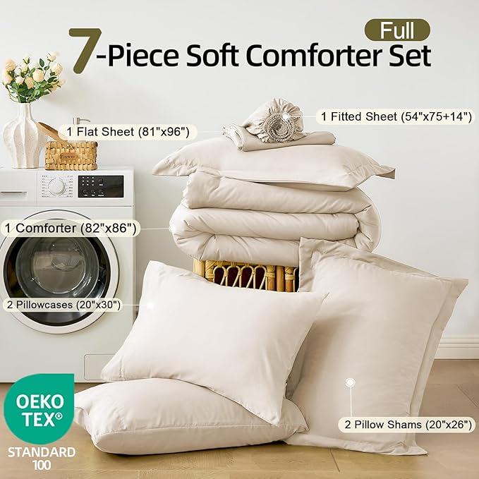 FUANNA Full Size Comforter Sets Beige, 7 Pieces Soft Bed in a Bag Full, All Season Lightweight Bed Sets with Comforter, Flat Sheet, Fitted Sheet, Pillowcases & Shams
