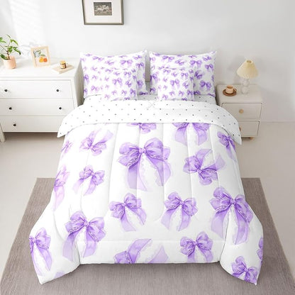 Erosebridal Purple Kids Girls Bowknot Bow King 7-Piece Comforter Set | Lace Princess Sheets and Pillowcases Dreamy Bed in A Bag Kawaii Cute Bed Sets