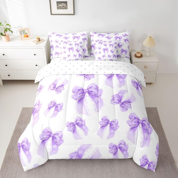 Erosebridal Purple Kids Girls Bowknot Bow 7 Piece Bedding Set Twin | Lace Princess Comforter Set with Sheets Dreamy Bed in A Bag Kawaii Cute Bed Sets