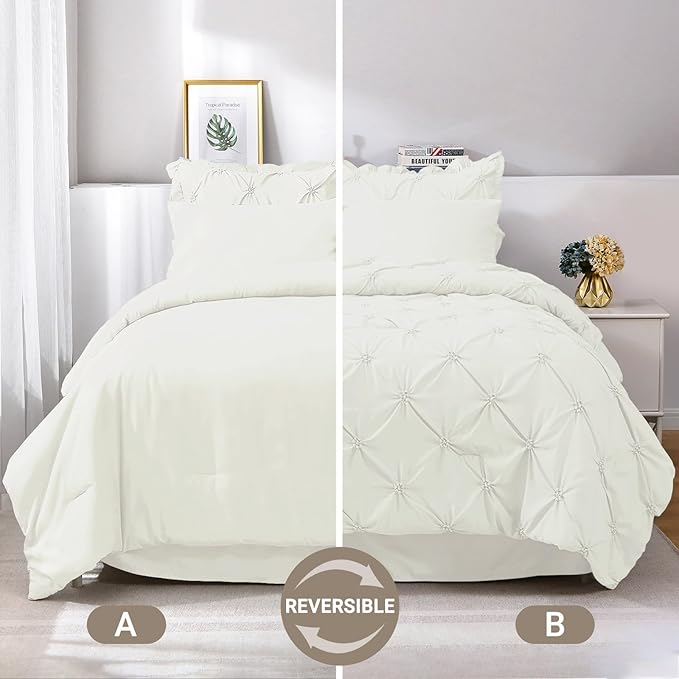 JOLLYVOGUE Ivory King Size Comforter Sets 7 Pieces, Pintuck Bed in a Bag Comforter Set for Bedroom, Bedding Comforter Sets with Comforter, Sheets, Ruffled Shams & Pillowcases