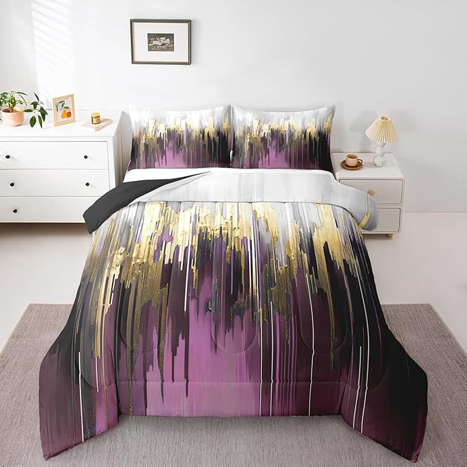 Erosebridal Purple Gradient Bedding Set Full Oil Painting Stripe Comforter Set, Brush Marks Contemporary Ombre Duvet Insert Watercolor Graffiti Quilt Set, Aesthetic Modern Bedding Comforters & Sets