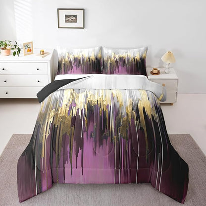 Erosebridal Purple Gradient Bedding Set Full Oil Painting Stripe Comforter Set, Brush Marks Contemporary Ombre Duvet Insert Watercolor Graffiti Quilt Set, Aesthetic Modern Bedding Comforters & Sets
