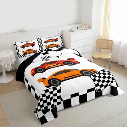 jejeloiu Boys Cartoon Racer Car Bedding Set Full Size Black White Checkerboard Comforter Set for Kids Red Orange Duvet Set Cute Car Quilt Set 3Pcs