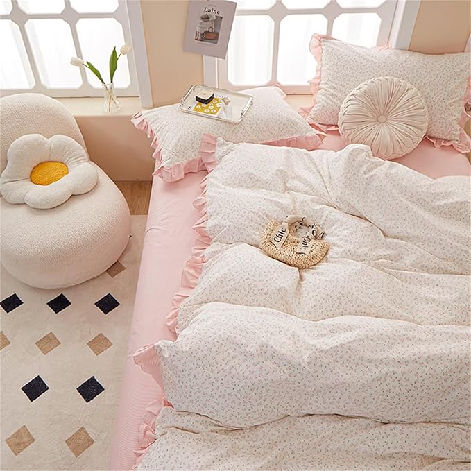 MKXI Twin XL Small Floral Ruffle Comforter Set - 3 Piece Countryside Floral Comforter with Pillow Shams, Reversible White Pink Princess Bedroom Collection, Soft Aesthetic Bedding Set for Teen Girls