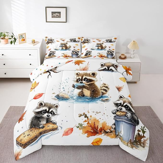 Fall Jungle Kids Comforter Queen,Kawaii Raccoon Animals Bedding Set for Girls Youth Bedroom Decor,Retro Autumn Fallen Leaves Reversible Quilt Sets,Cute Wildlife Bedding Comforter Set,Soft Fluffy