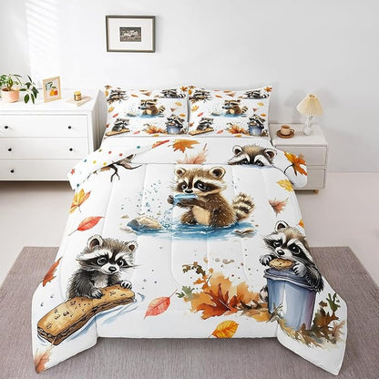 Fall Jungle Kids Comforter Toddler,Kawaii Raccoon Animals Bedding Set for Girls Youth Bedroom Decor,Retro Autumn Fallen Leaves Reversible Quilt Sets,Cute Wildlife Bedding Comforter Set,Soft Fluffy
