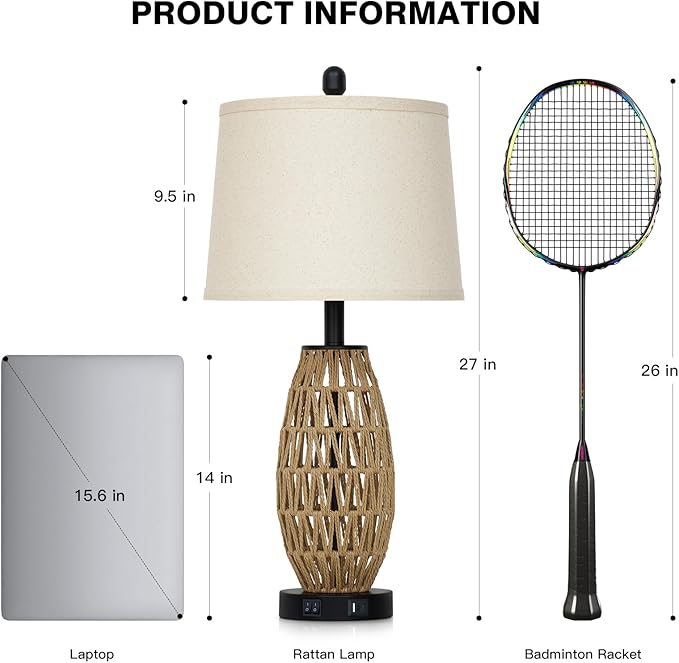 27" Boho Rattan Table Lamp with Night Light, Wicker Bedside Lamp with USB A+C Charging Port, Woven Coastal Bedroom Lamps for Nightstand, Tall Farmhouse Lamps for Living Room Single
