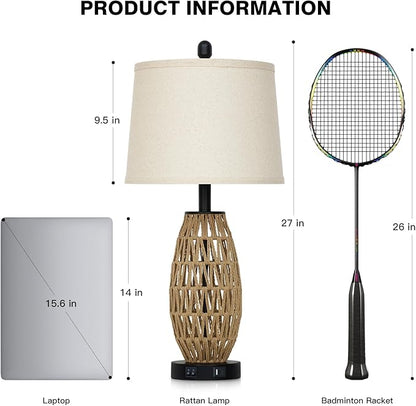27" Boho Rattan Table Lamp with Night Light, Wicker Bedside Lamp with USB A+C Charging Port, Woven Coastal Bedroom Lamps for Nightstand, Tall Farmhouse Lamps for Living Room Single